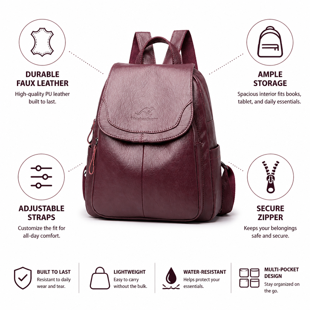 Durable Faux Leather Flap-Top Backpack
