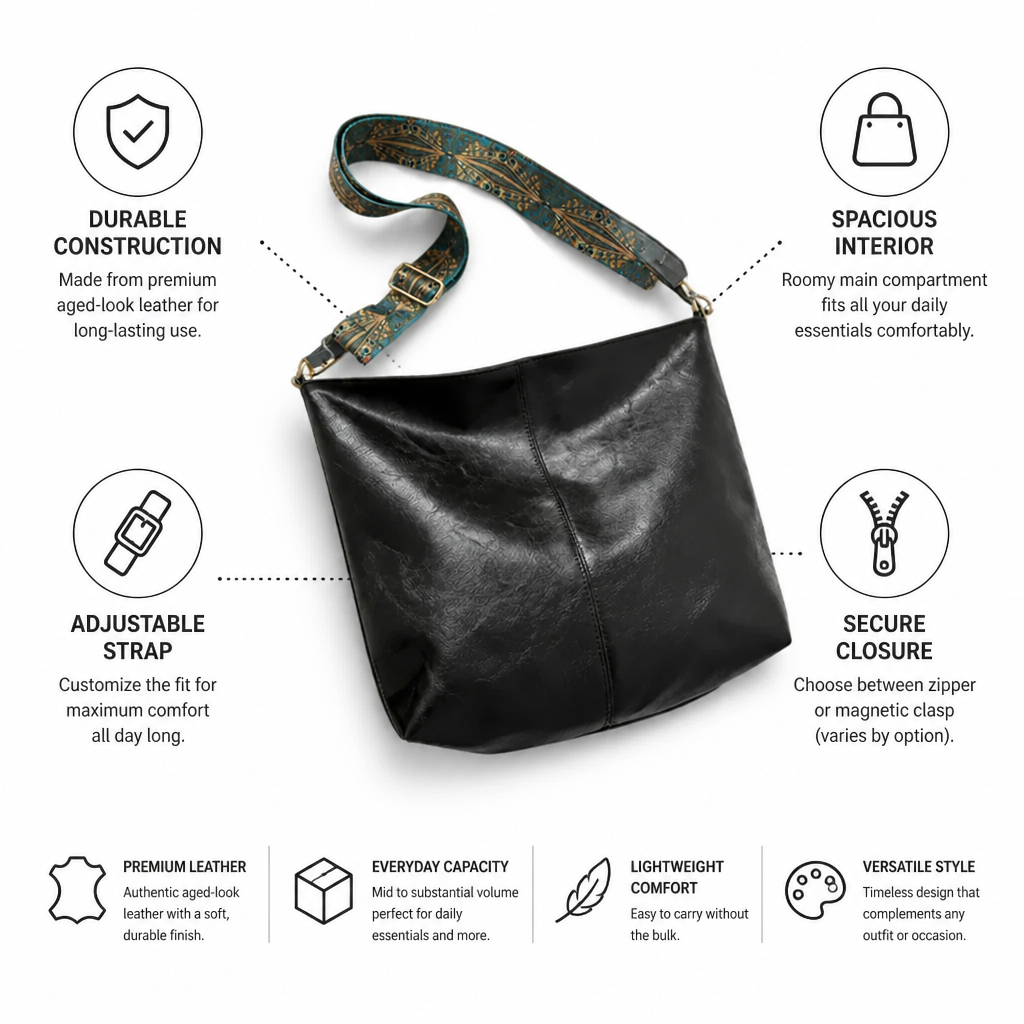 Aged-Look Leather Bohemian Strap Hobo Bag