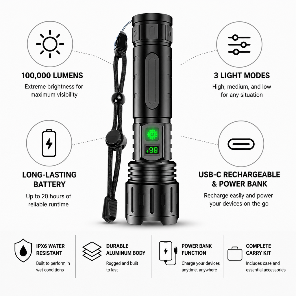 100,000-Lumen USB-C Rechargeable LED Flashlight