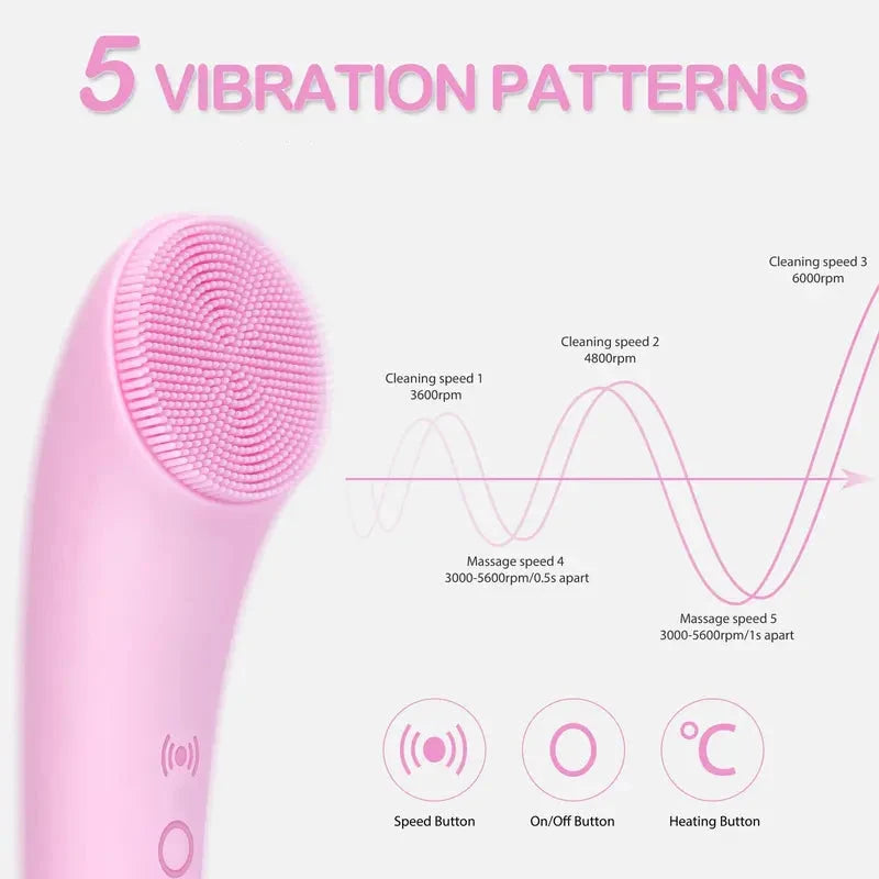 Silicone Bristle Facial Cleanser with Heated Tip and 5 Vibration Settings