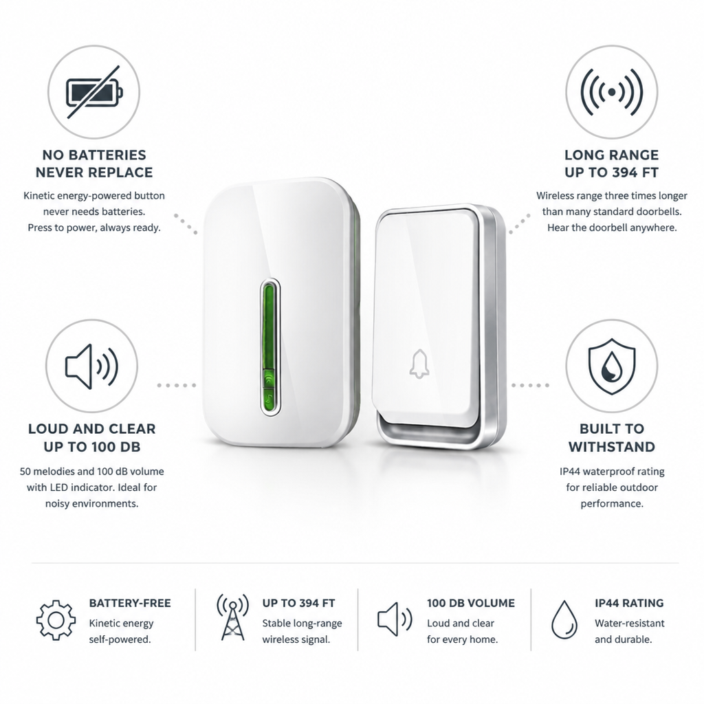 Kinetic-Powered Long-Range Doorbell (With Receiver)