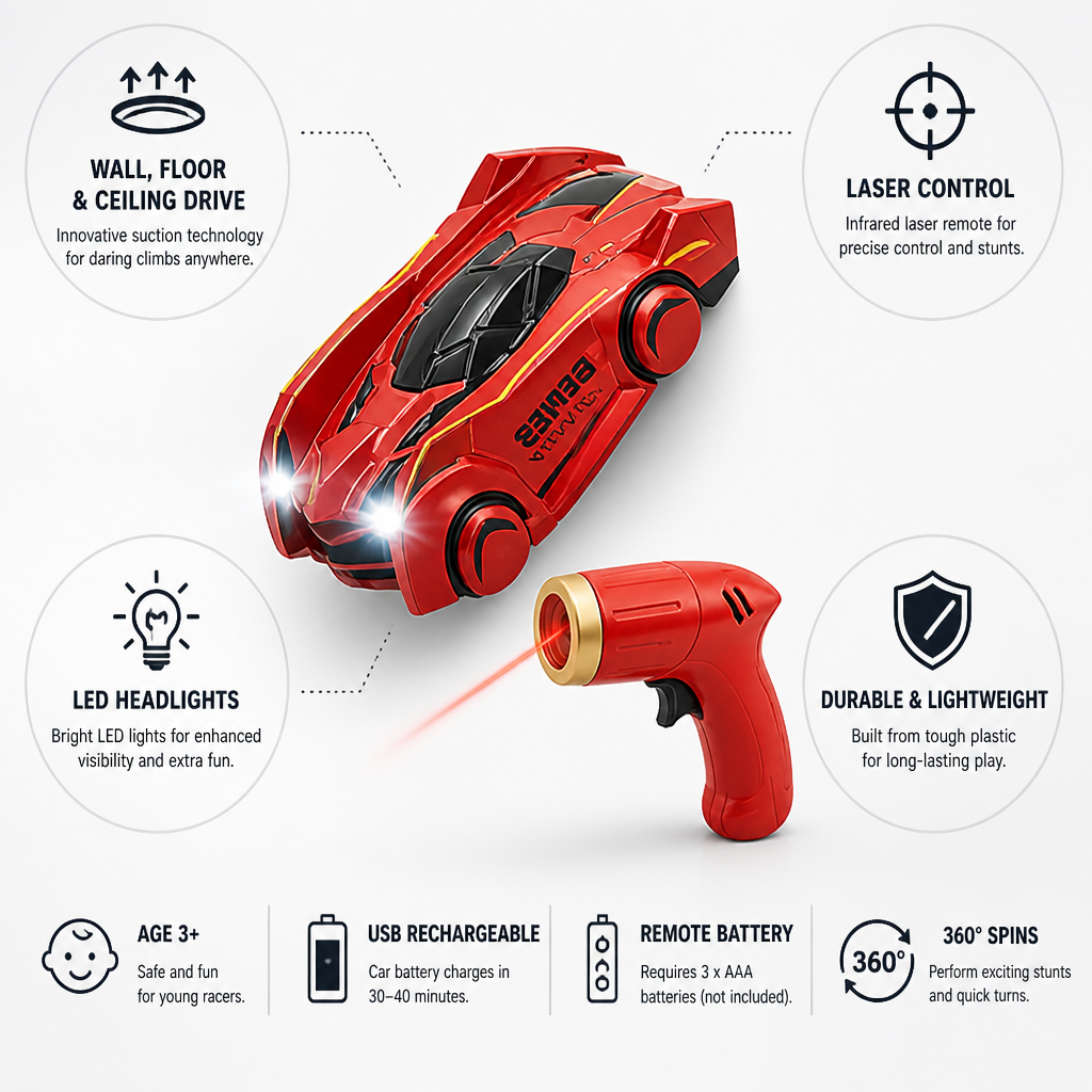 Laser-Controlled Wall-Climbing RC Car (USB-Rechargeable & LED Headlights)