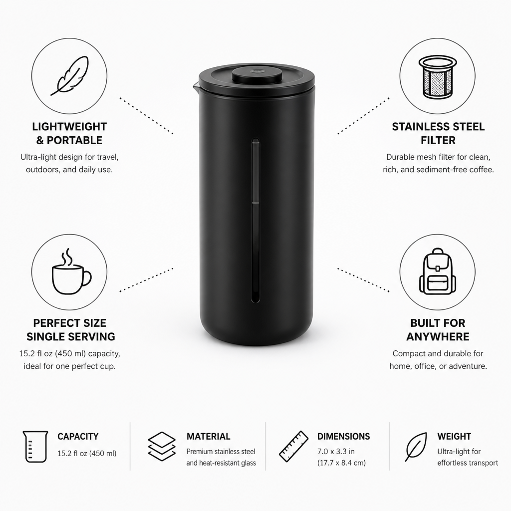 Lightweight Portable French Press With Stainless Steel Mesh Filter (450 ml)