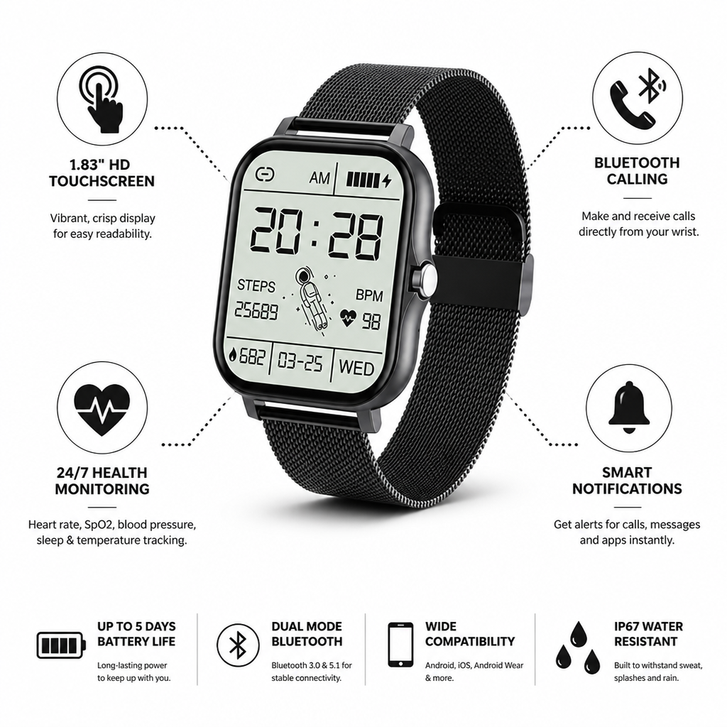 1.83" HD Touchscreen Bluetooth Calling & Health Tracking Smartwatch