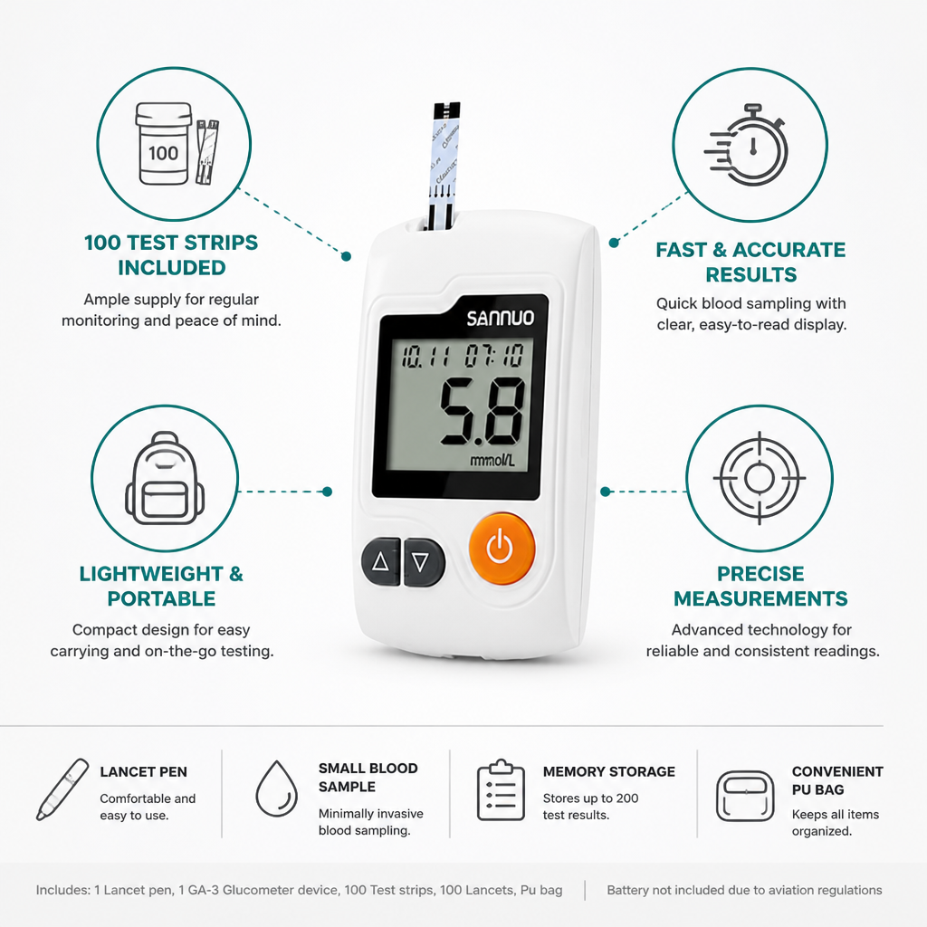 Fast & Accurate Portable Blood Glucose Meter (Includes 100 Test Strips)