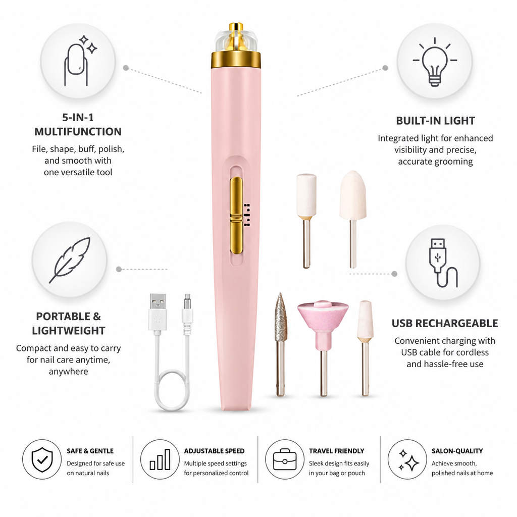5-in-1 Portable Electric Nail Polisher With Built-In Light