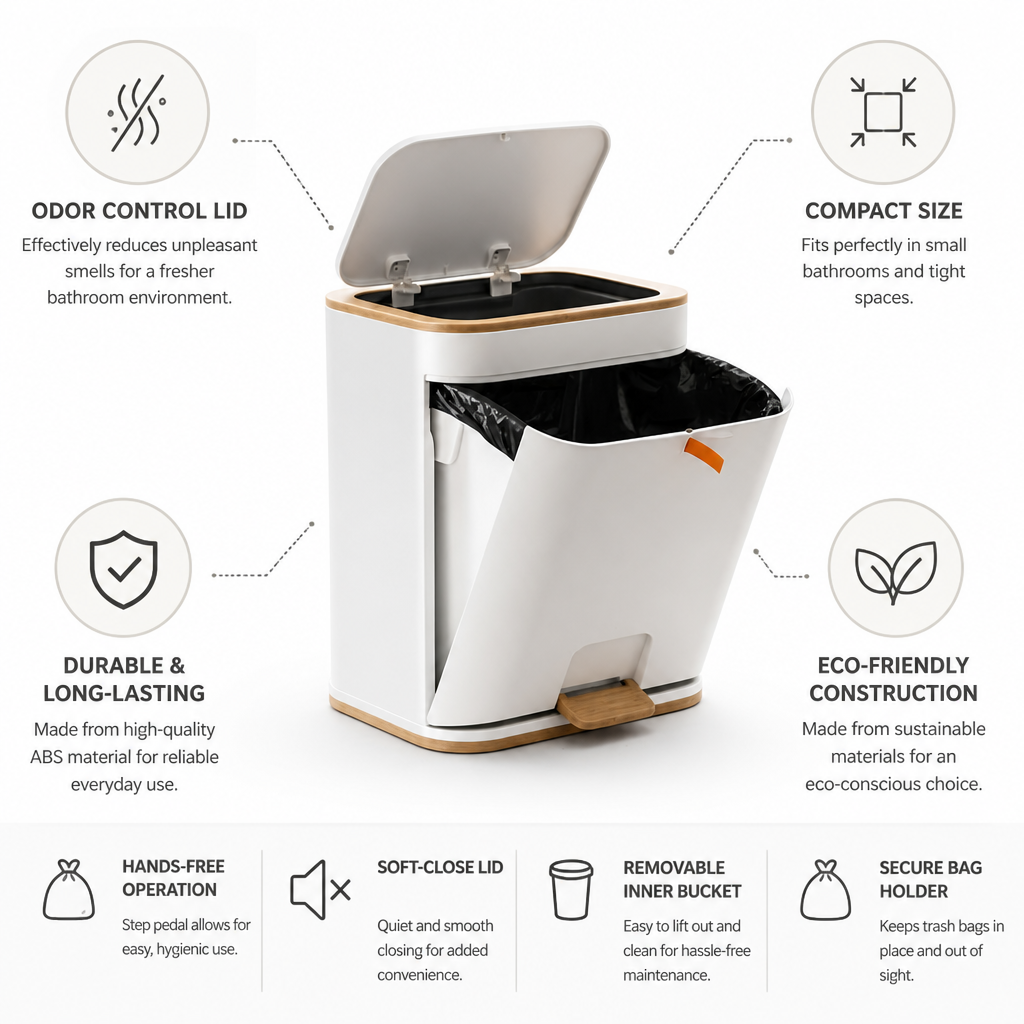 Odor-Control Compact Bathroom Trash Can