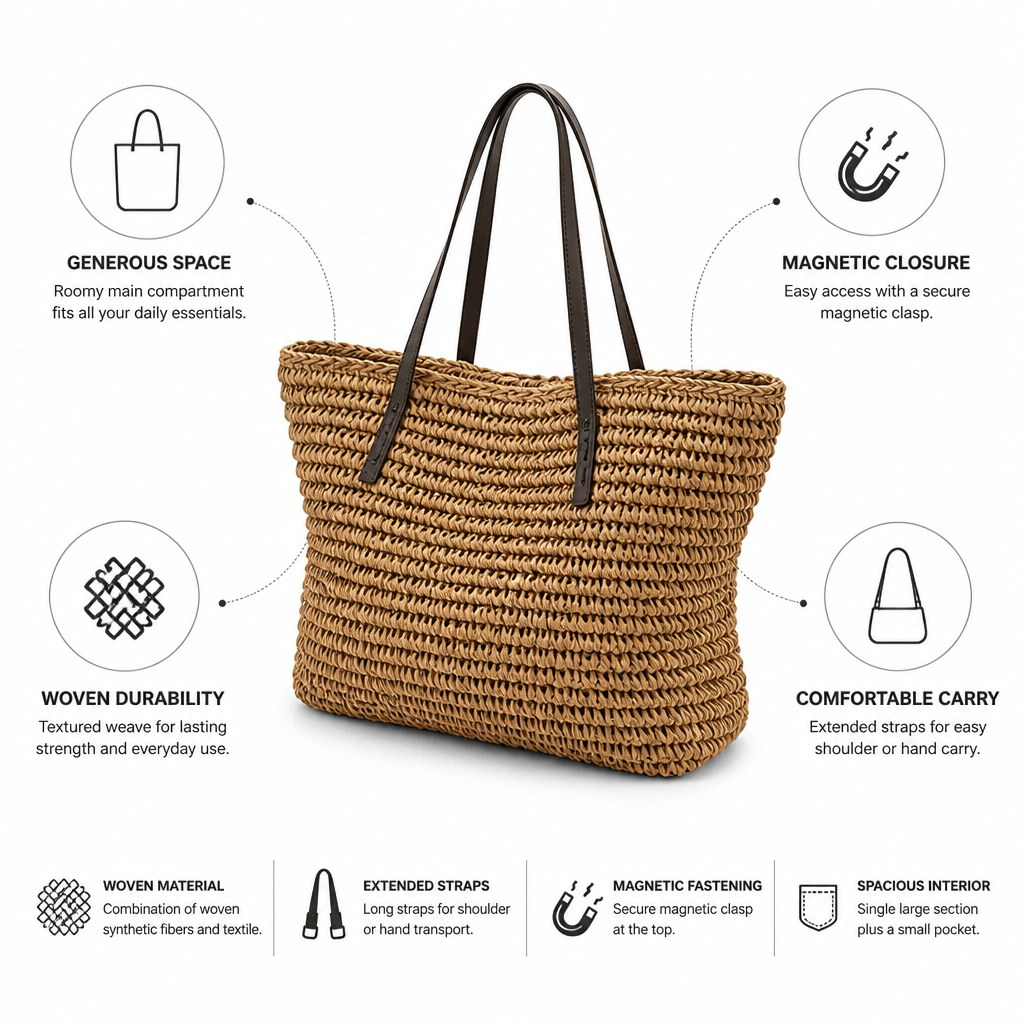 Spacious Woven Tote Bag (Magnetic Closure)