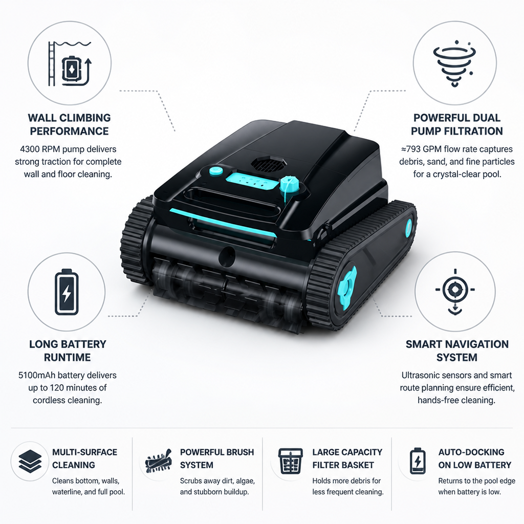 Cordless Dual-Pump Wall-Climbing Robotic Pool Cleaner