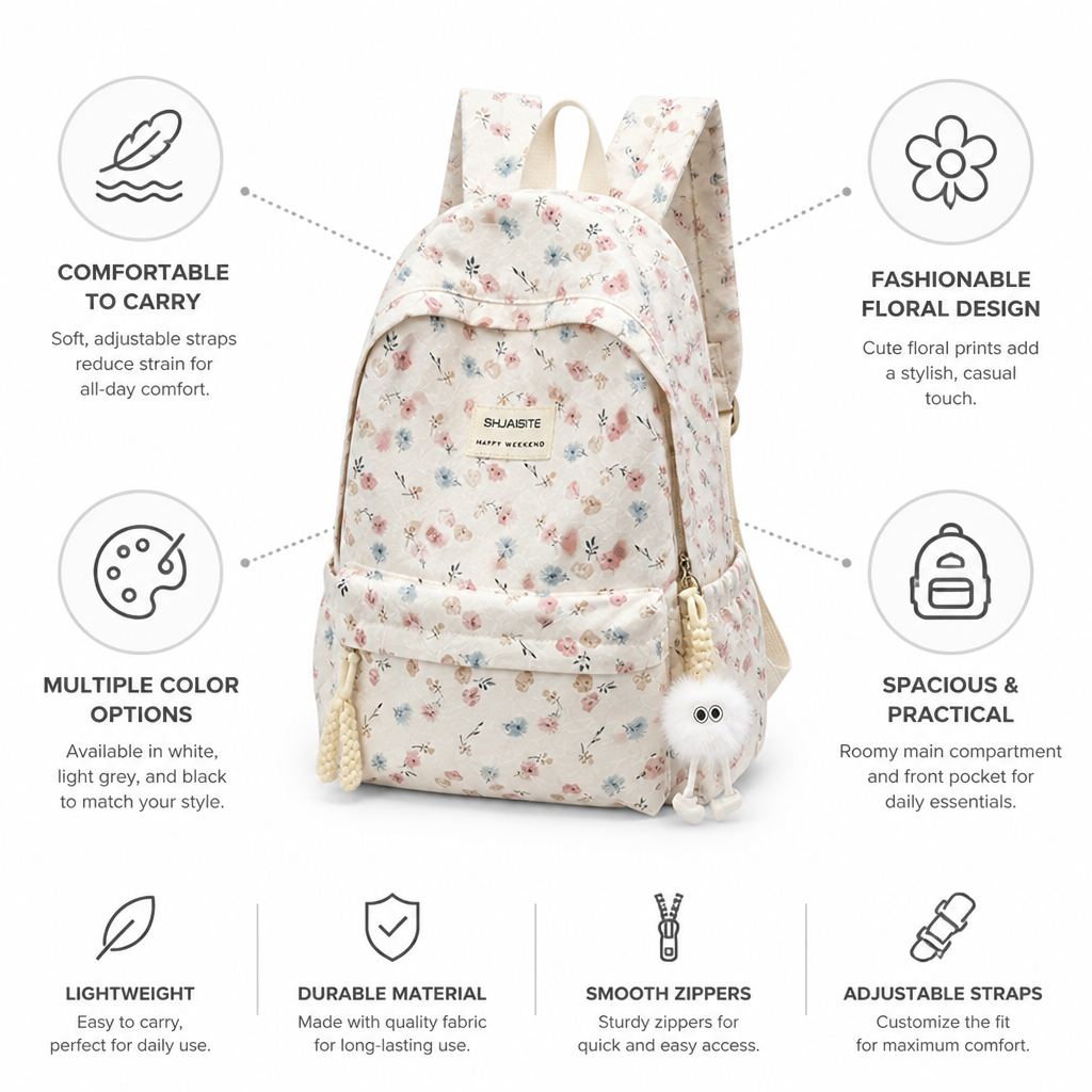 Padded Shoulder Straps & Floral Print Backpack