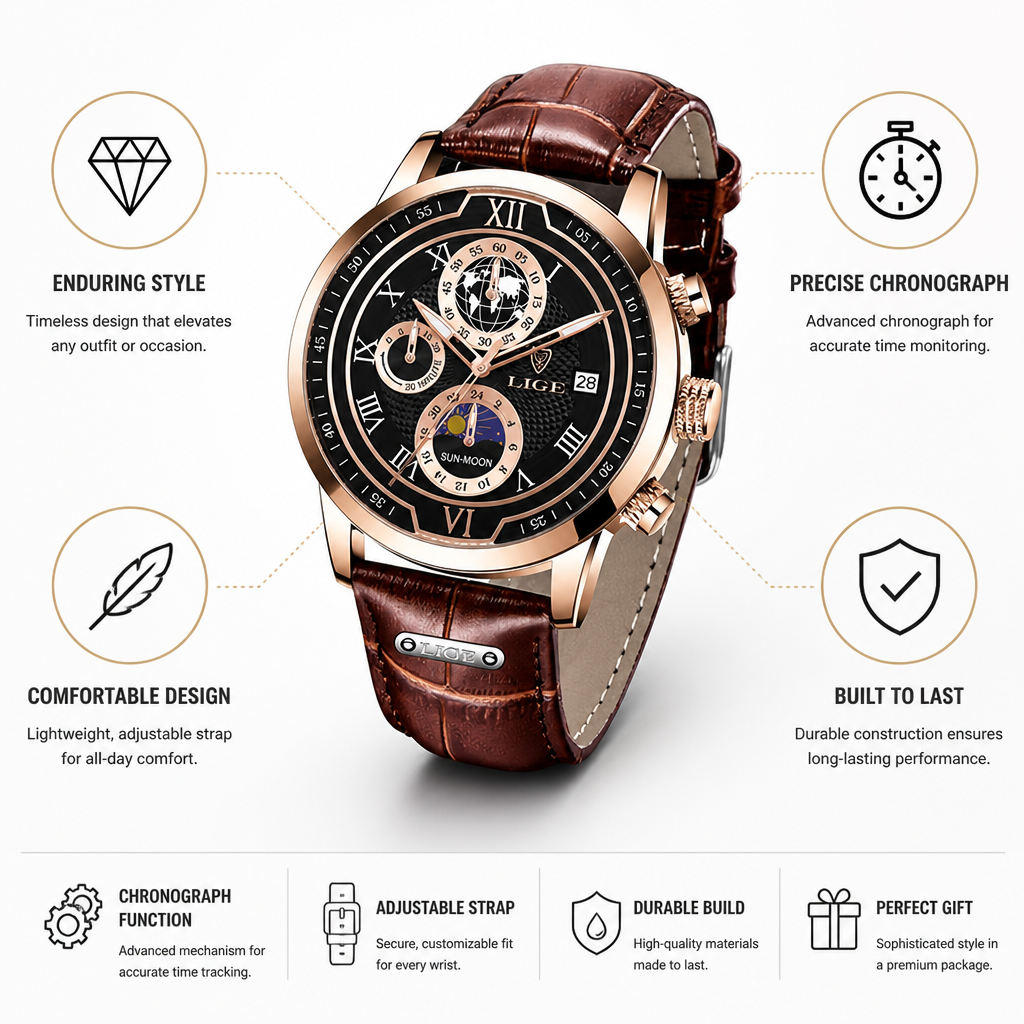 Polished Classic Chronograph Men's Watch (Adjustable Strap)
