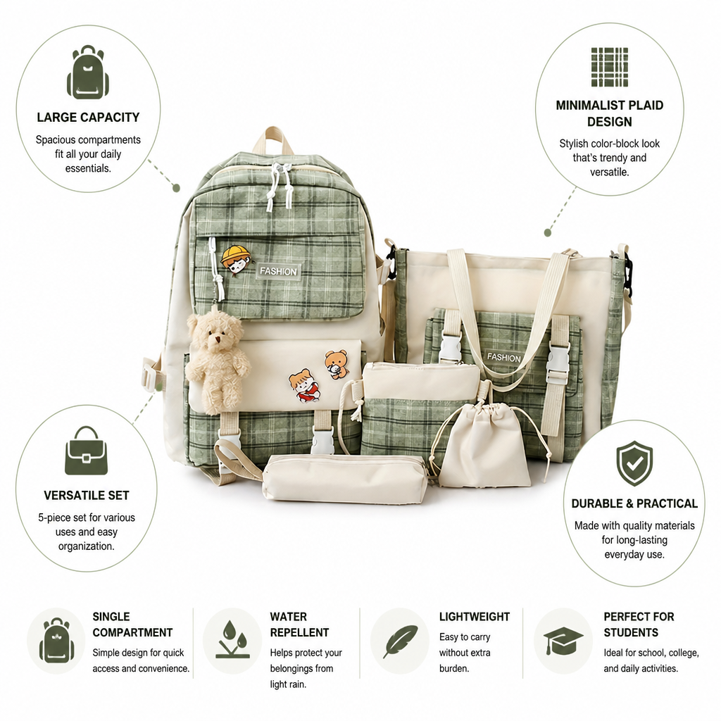 Large Capacity Minimalist Plaid Backpack Set (Set of 5)