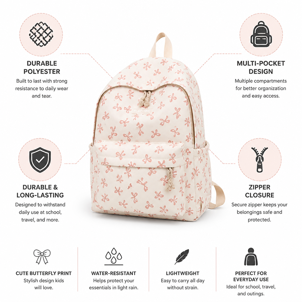 Durable Polyester Multi-Pocket Girls' Backpack (Butterfly Print)