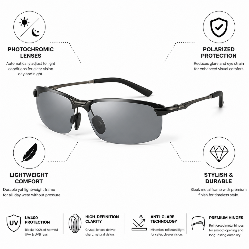 Polarized Photochromic Metal-Frame Sunglasses