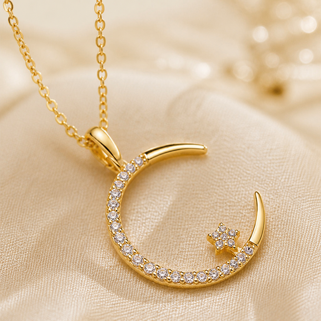LumaLuxe™ – Dainty Pavé Crescent Moon & Star Pendant Necklace