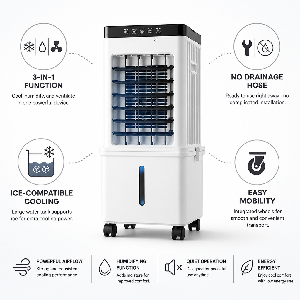 3-in-1 Wheeled Portable Air Cooler (Ice-Compatible)