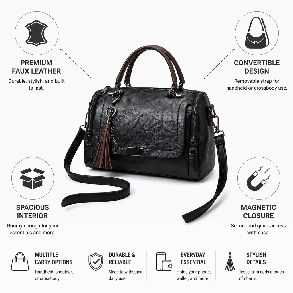 Tassel-Trim Faux Leather Convertible Shoulder Bag