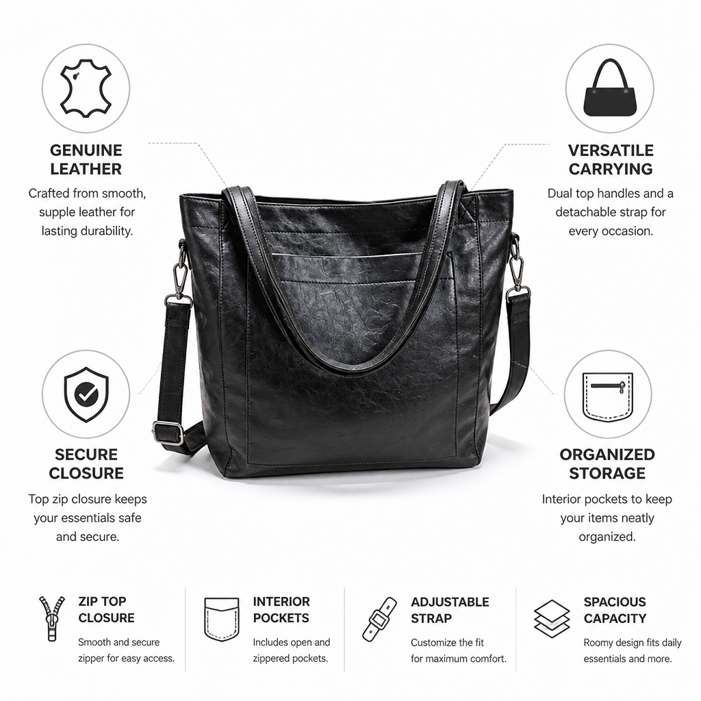 Structured Genuine Leather Tote (Detachable Strap)