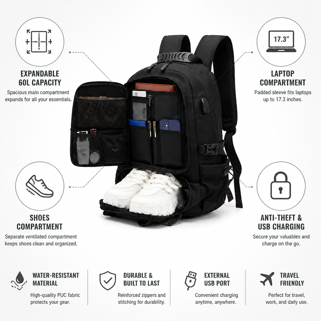 Expandable 60L Anti-Theft USB Laptop Backpack