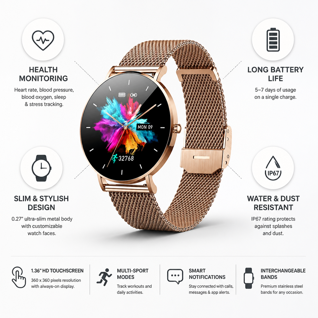 Health-Tracking Slim Metal Smartwatch (5-7 Day Battery)
