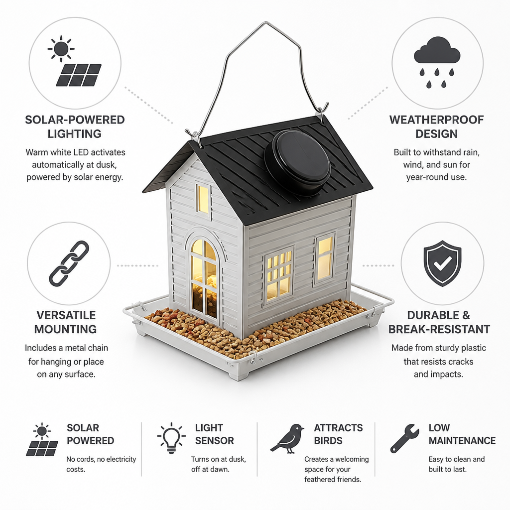 Solar-Powered Light-Sensor Weatherproof Bird Feeder