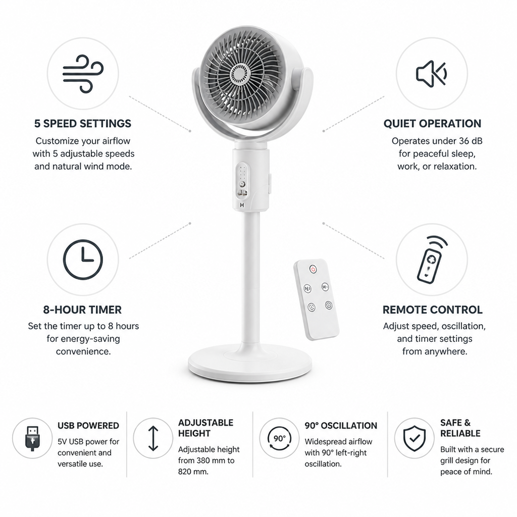 Height-Adjustable Remote-Control USB-Powered Stand Fan