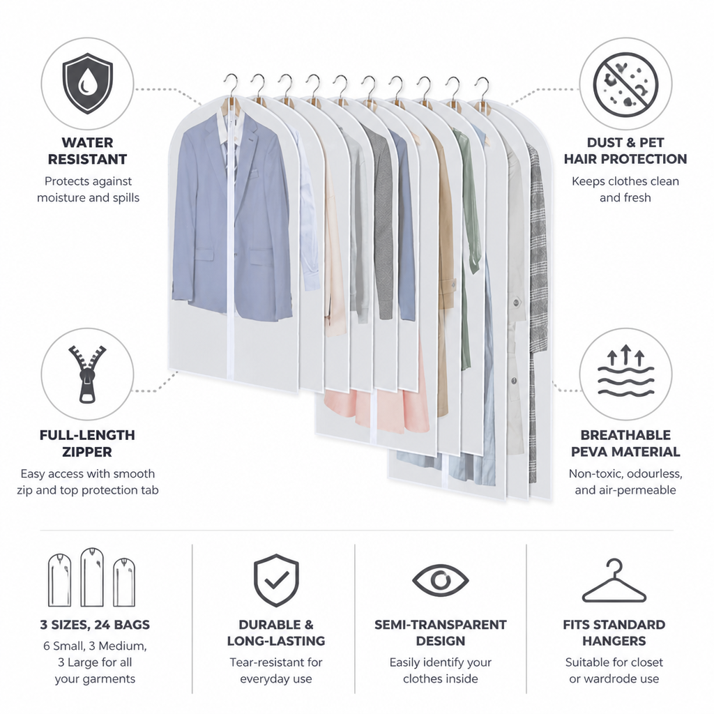 Water-Resistant PEVA Multi-Size Full-Zip Garment Bag Set (24-Pack)