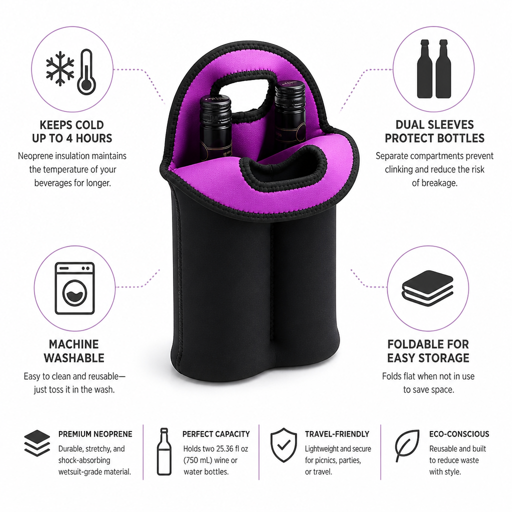 Insulated Neoprene Dual-Bottle Wine Carrier (Holds Two 750ml)
