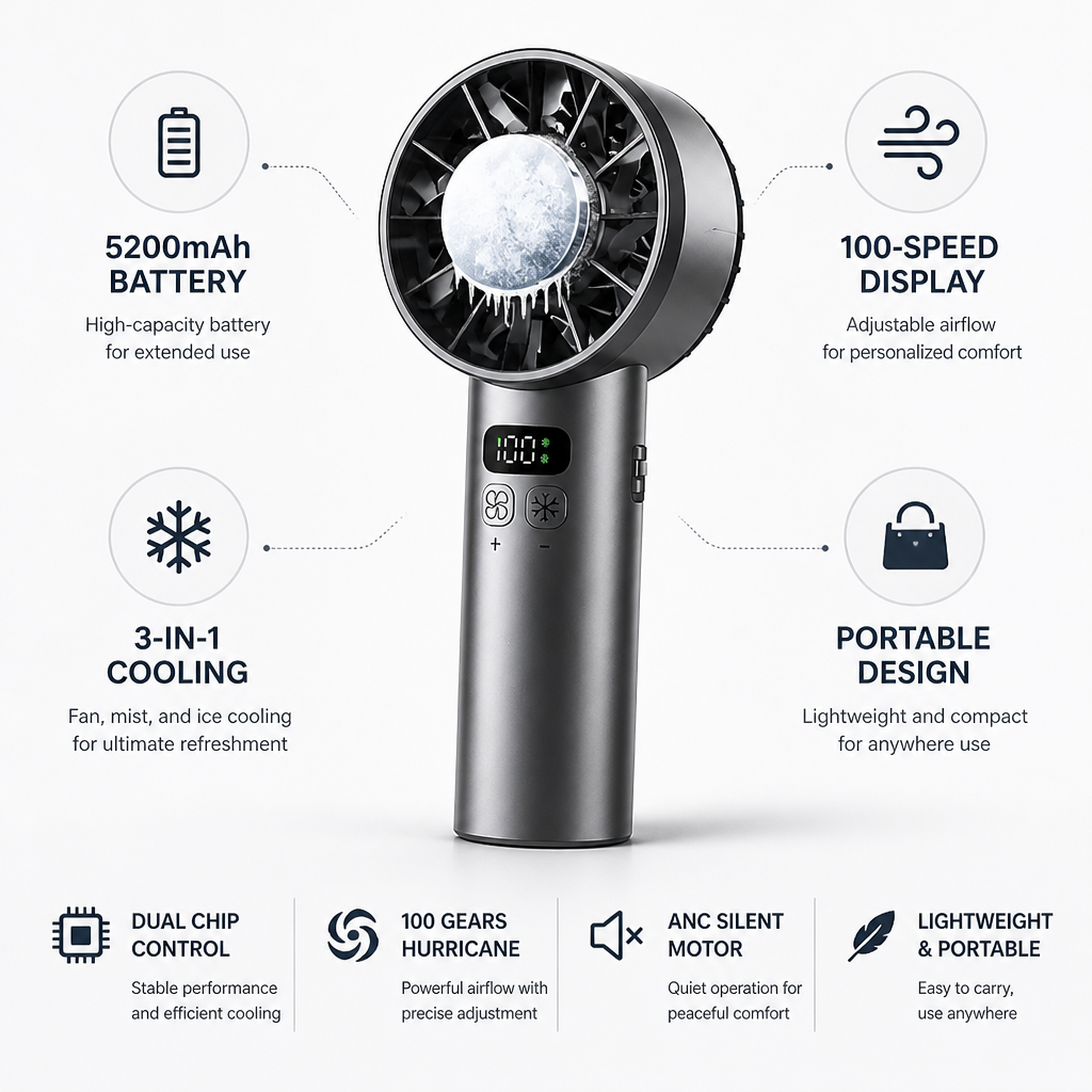 5200mAh Rechargeable 3-In-1 Mist Handheld Fan