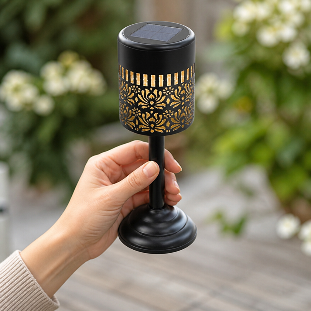 Solar-Powered Metal Filigree Outdoor Lantern (Floral Projection)