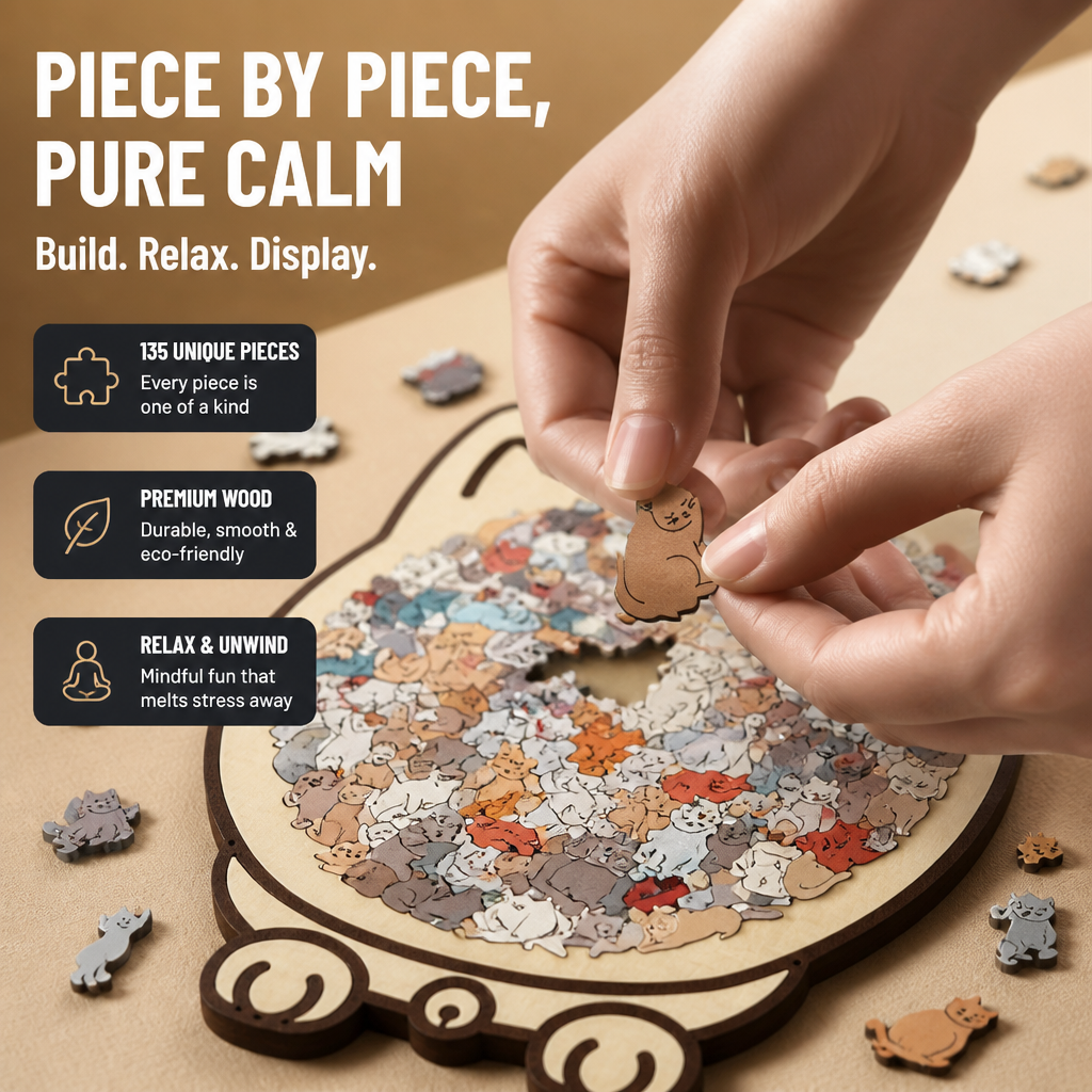 WhiskerCraft™ Wooden Puzzle — Melt Stress Away with Every Satisfying Click and Create Calm Cat Art