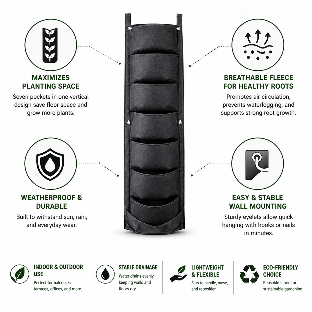 Breathable Fleece & Weatherproof Vertical Wall Planter (7 Pockets)