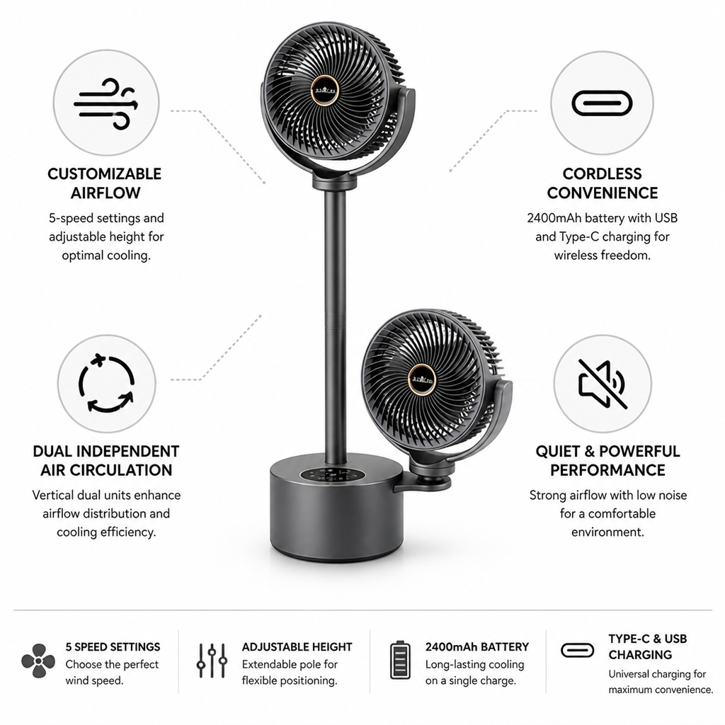 Dual-Head Adjustable Height Floor Fan (USB-C Rechargeable)