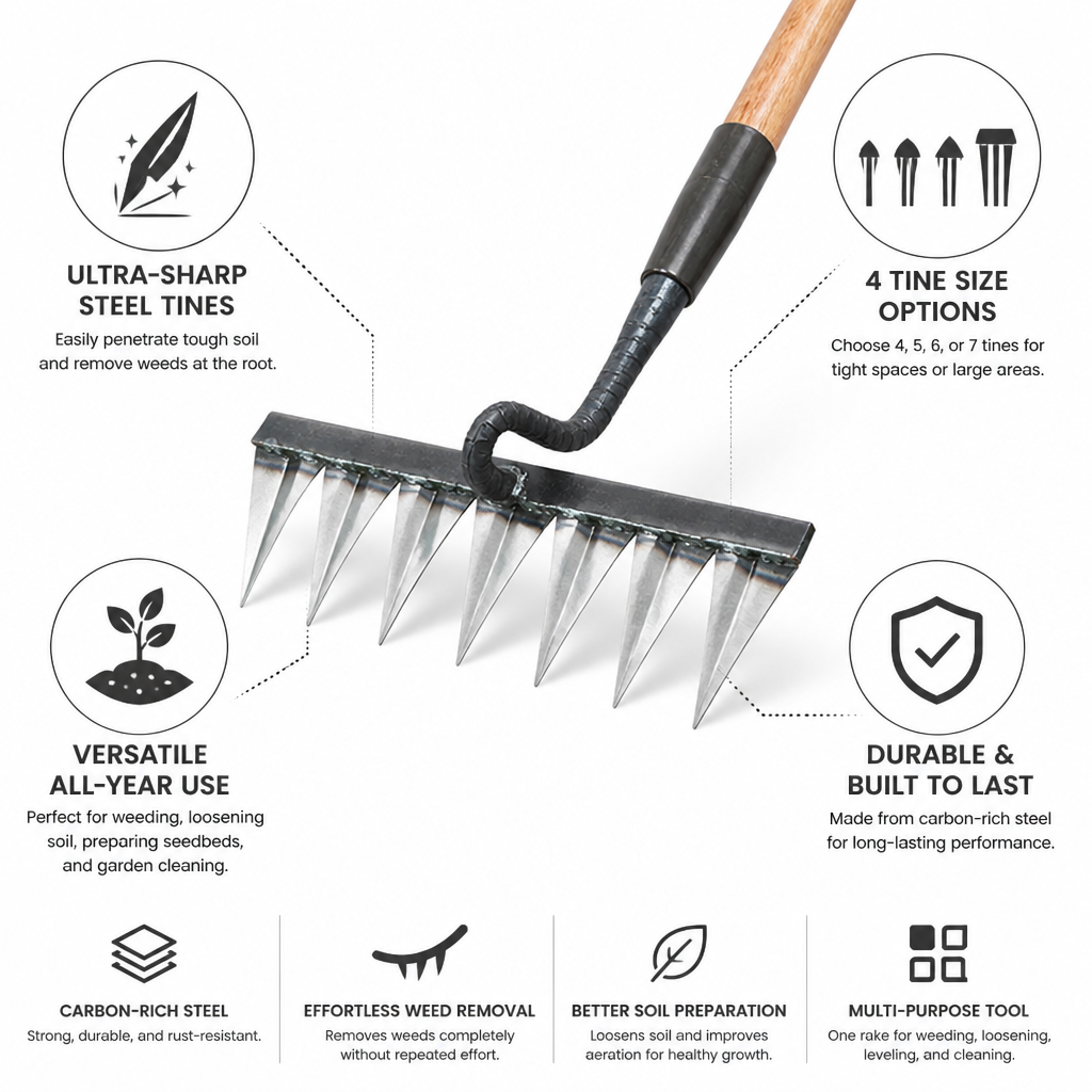 Ultra-Sharp Carbon Steel Garden Rake (4–7 Tines)