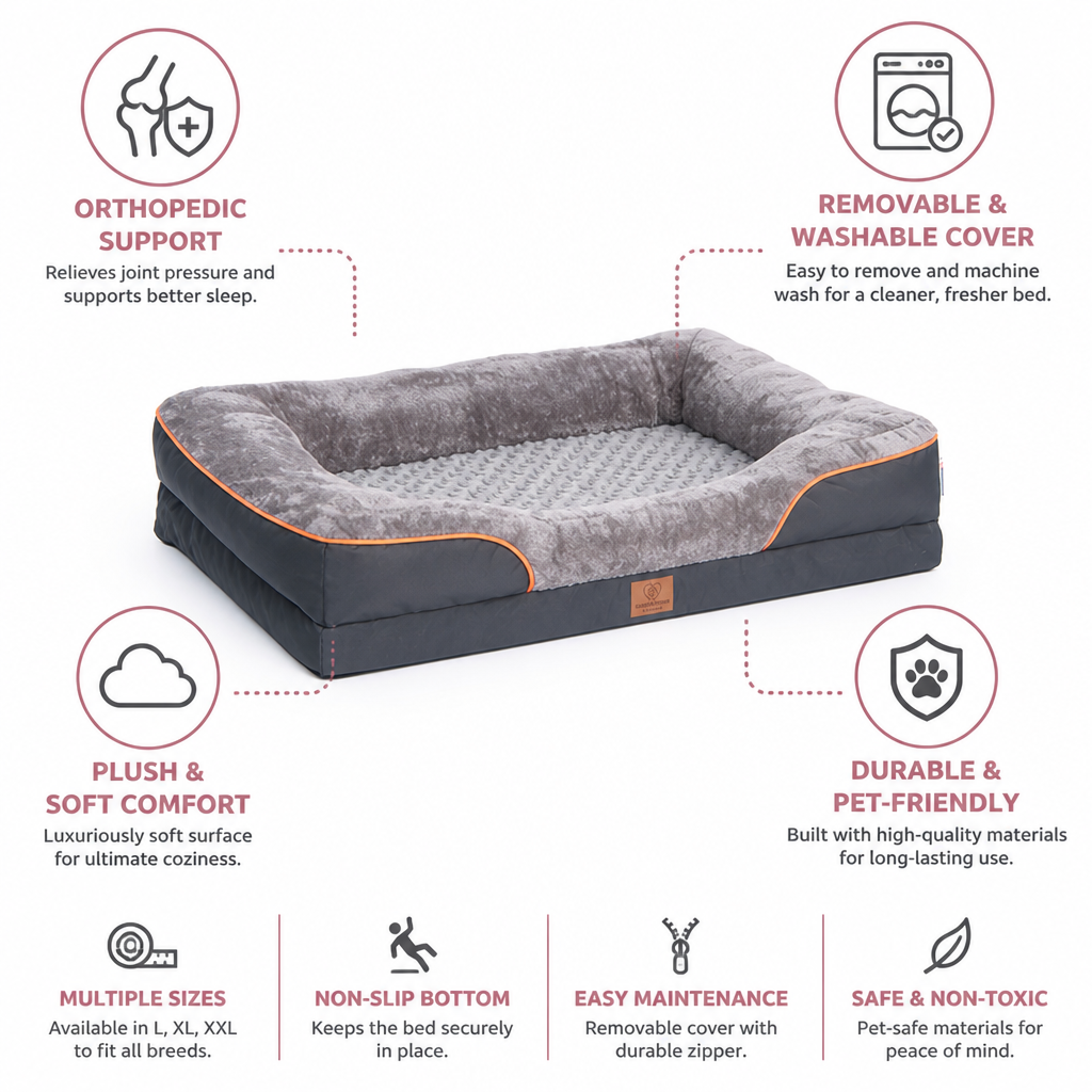 Orthopedic Plush Bolster Pet Bed (Removable, Washable Cover)