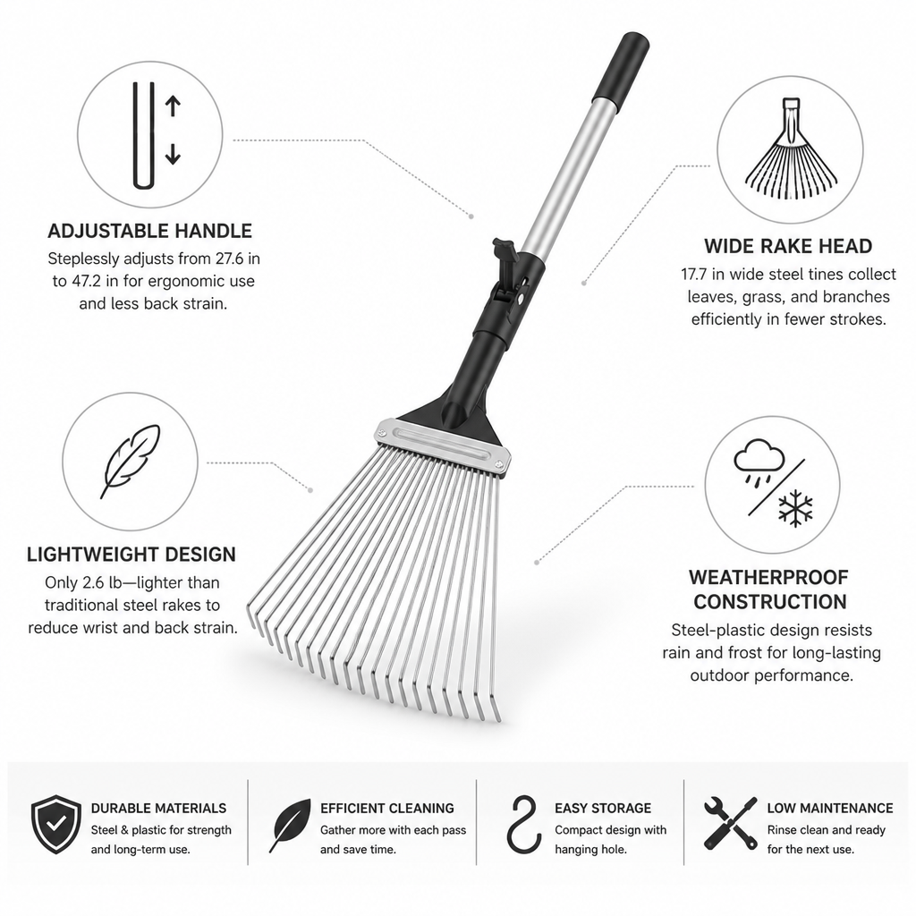 Extendable Lightweight Steel Leaf Rake (45 cm Head)