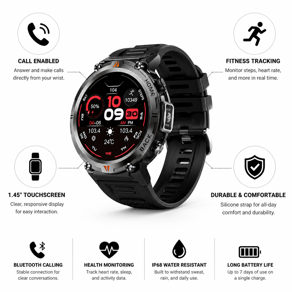 1.45in Touchscreen Call-Enabled Silicone Smartwatch (iOS & Android Compatible)