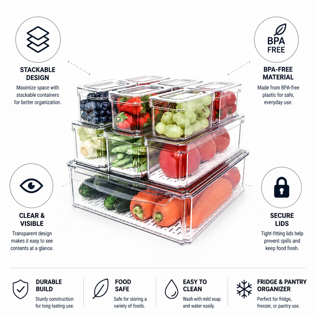 Stackable Clear BPA-Free Refrigerator Organizer Bins (Set of 10)