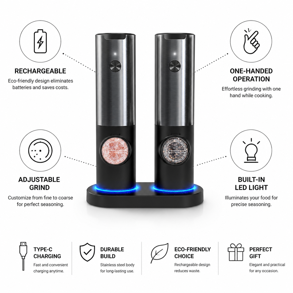 Rechargeable One-Handed Adjustable Grind Salt & Pepper Mill Set