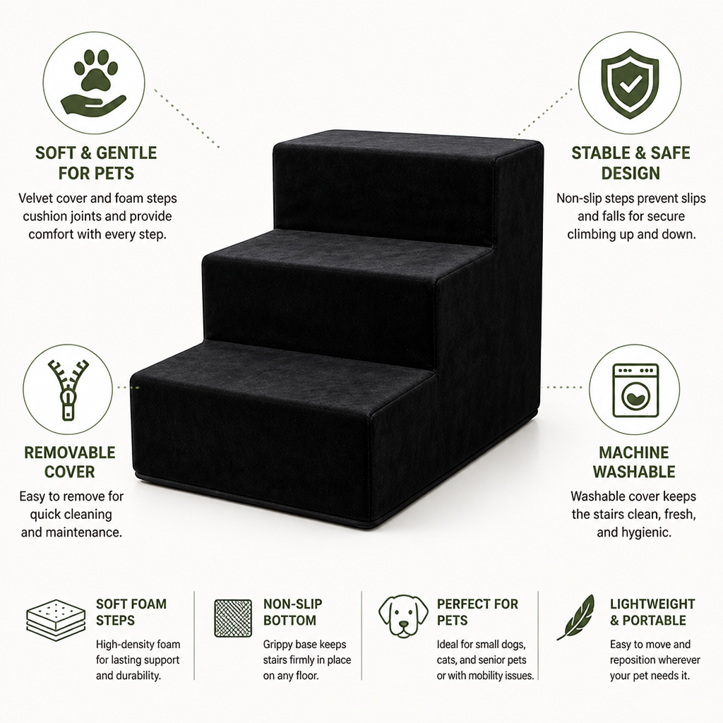 Non-Slip Velvet Foam Pet Stairs (3-Step)