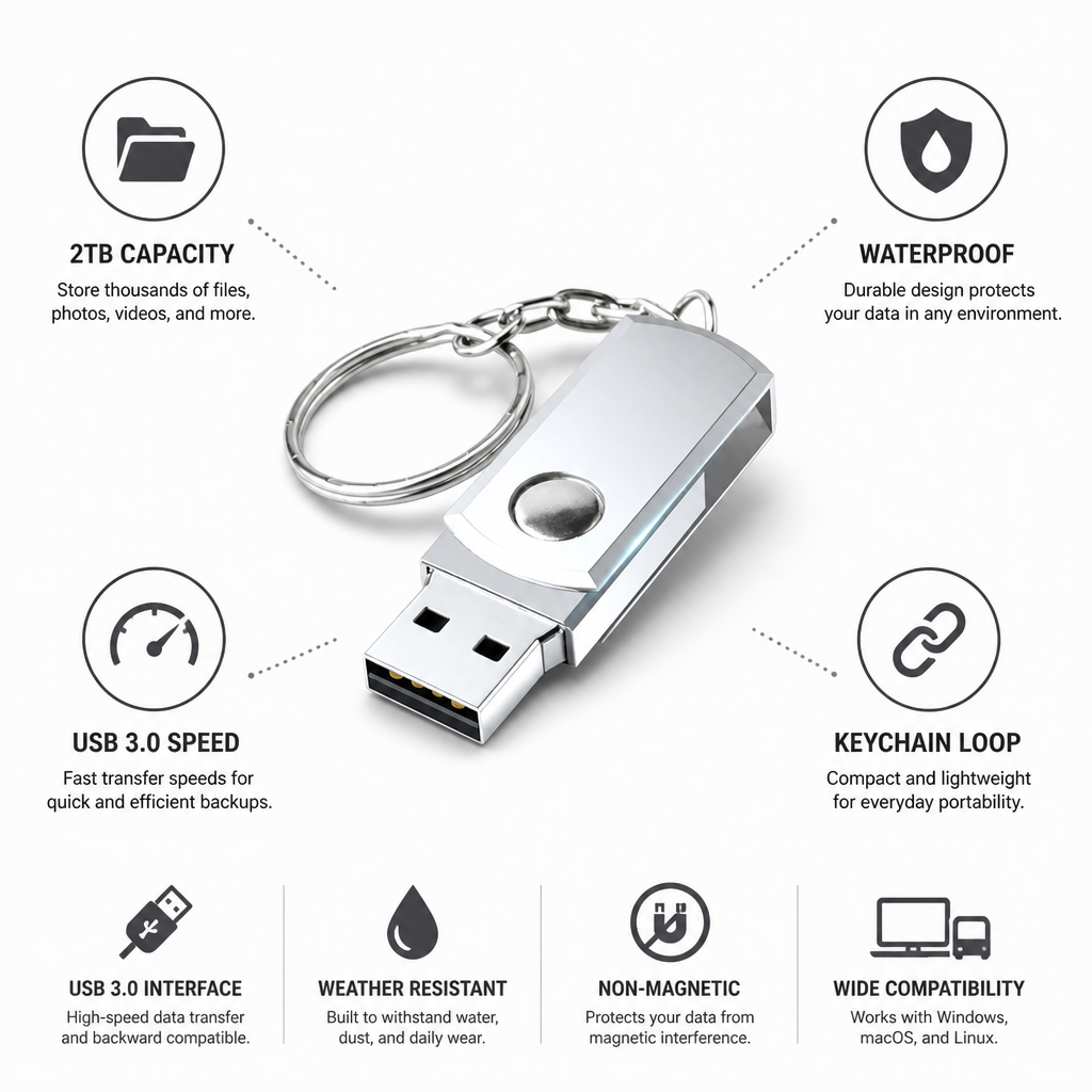 2TB USB 3.0 Waterproof Flash Drive (Keychain Loop)