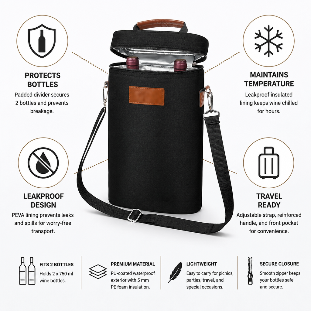 Insulated Leakproof 2-Bottle Wine Carrier (Padded Divider)