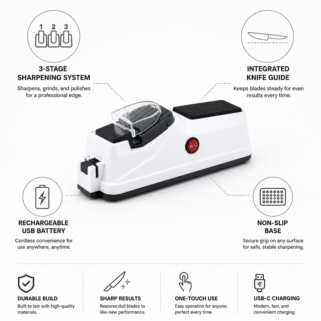 3-Stage USB-Rechargeable Electric Knife Sharpener