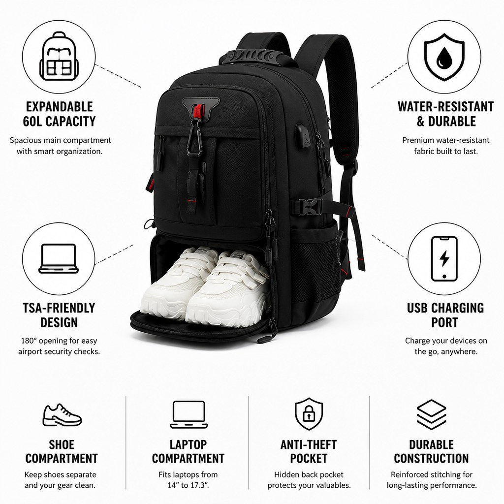 Water-Resistant Expandable Travel Backpack With USB Port