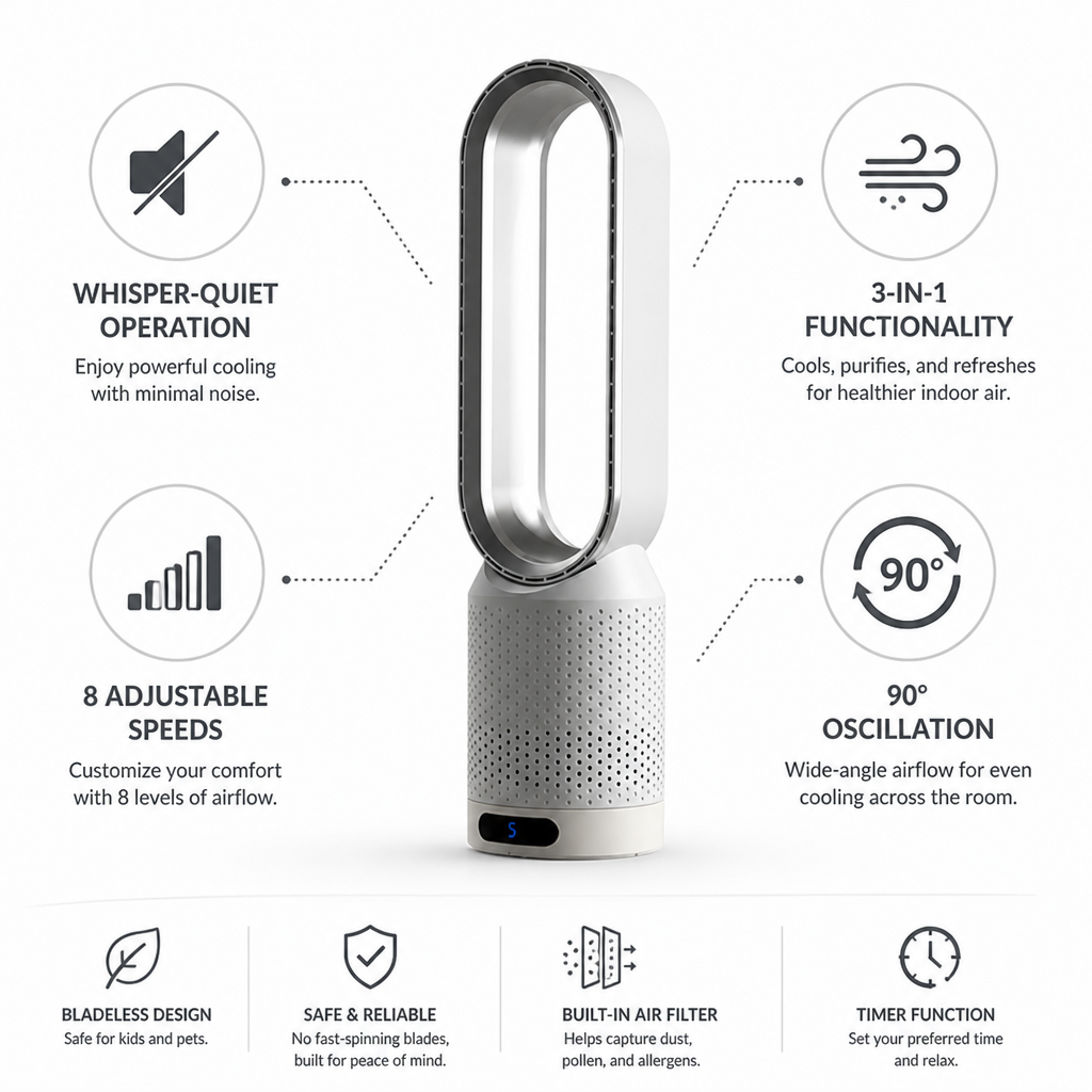 Bladeless Whisper-Quiet 3-in-1 Tower Fan