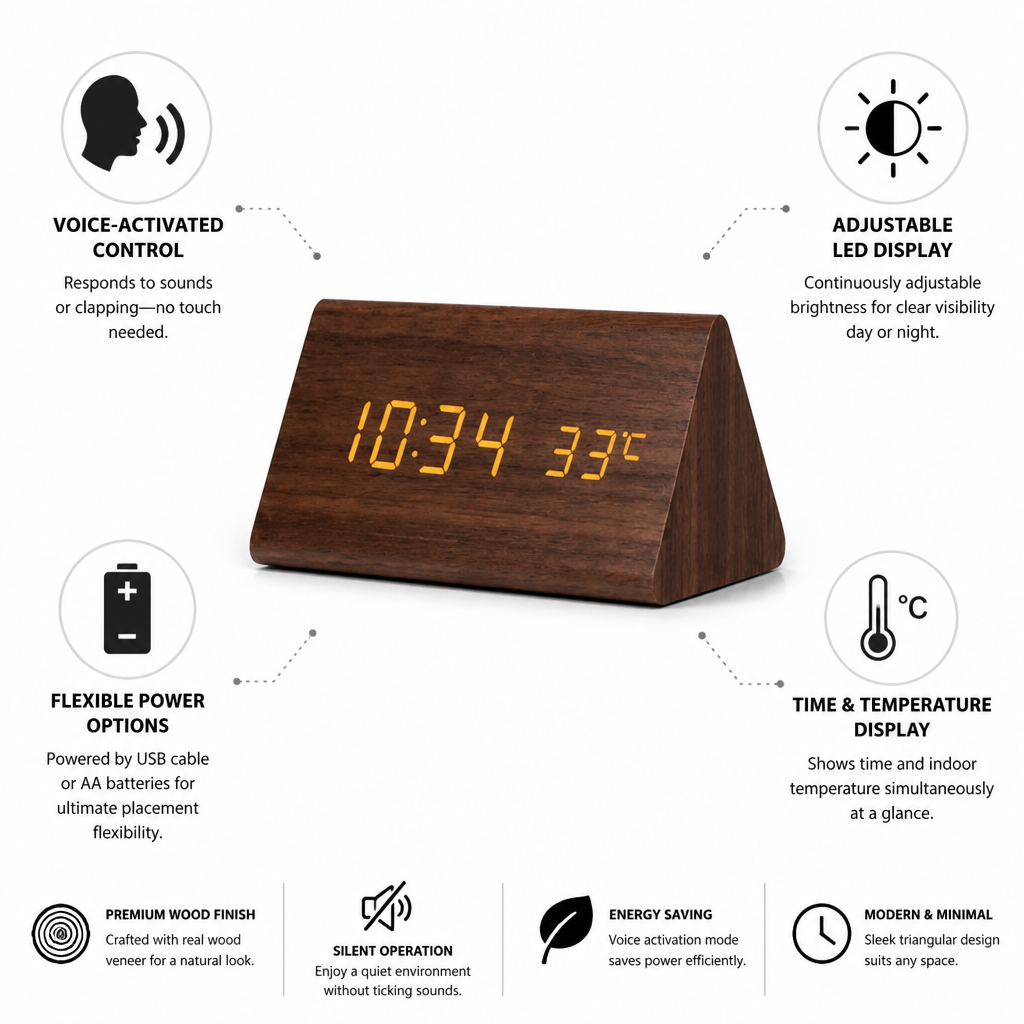 Voice-Activated Wooden LED Table Clock