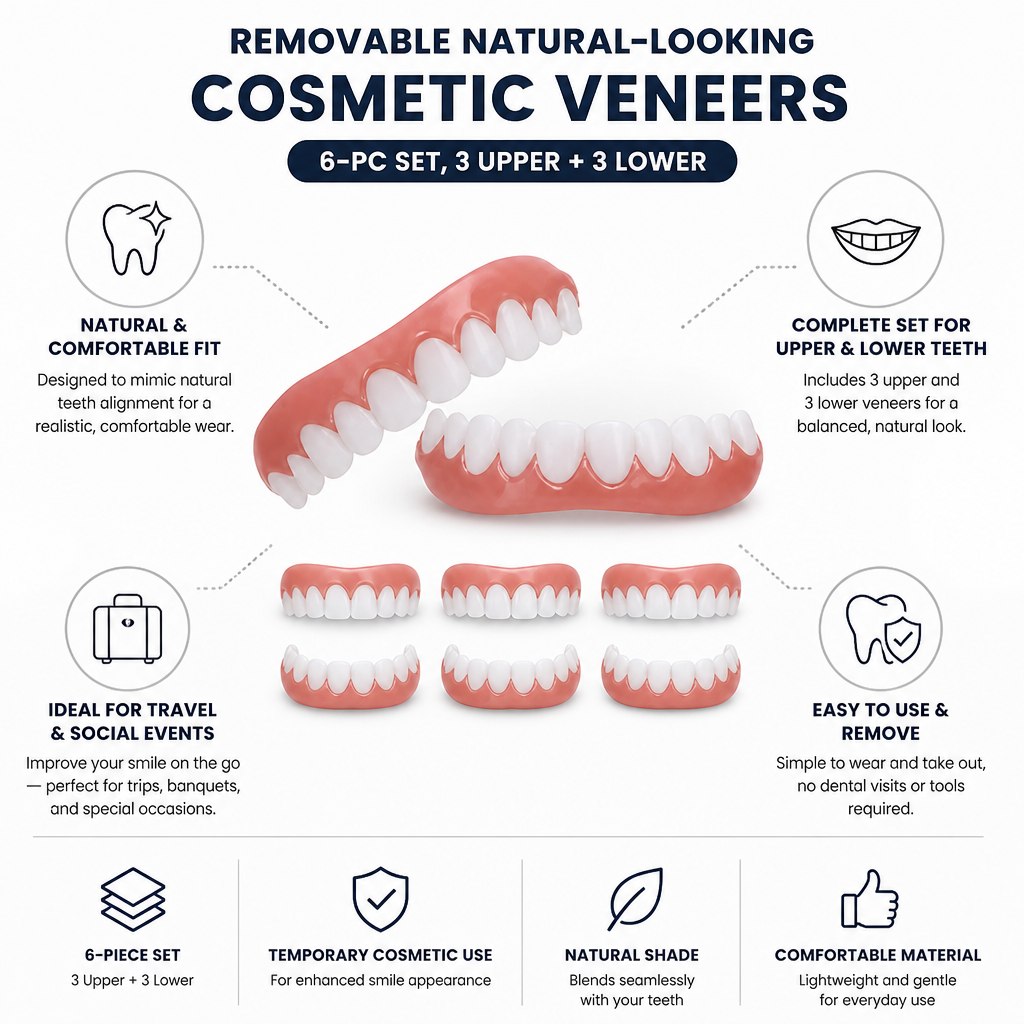 Removable Natural-Looking Cosmetic Veneers (6-Pc Set, 3 Upper + 3 Lower)