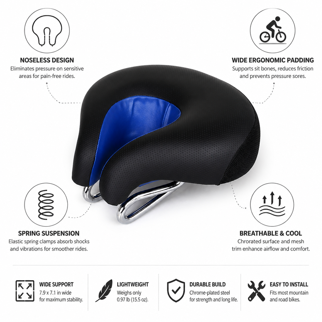 Noseless Ergonomic Spring-Suspended Mountain Bike Saddle (20 x 18 cm)