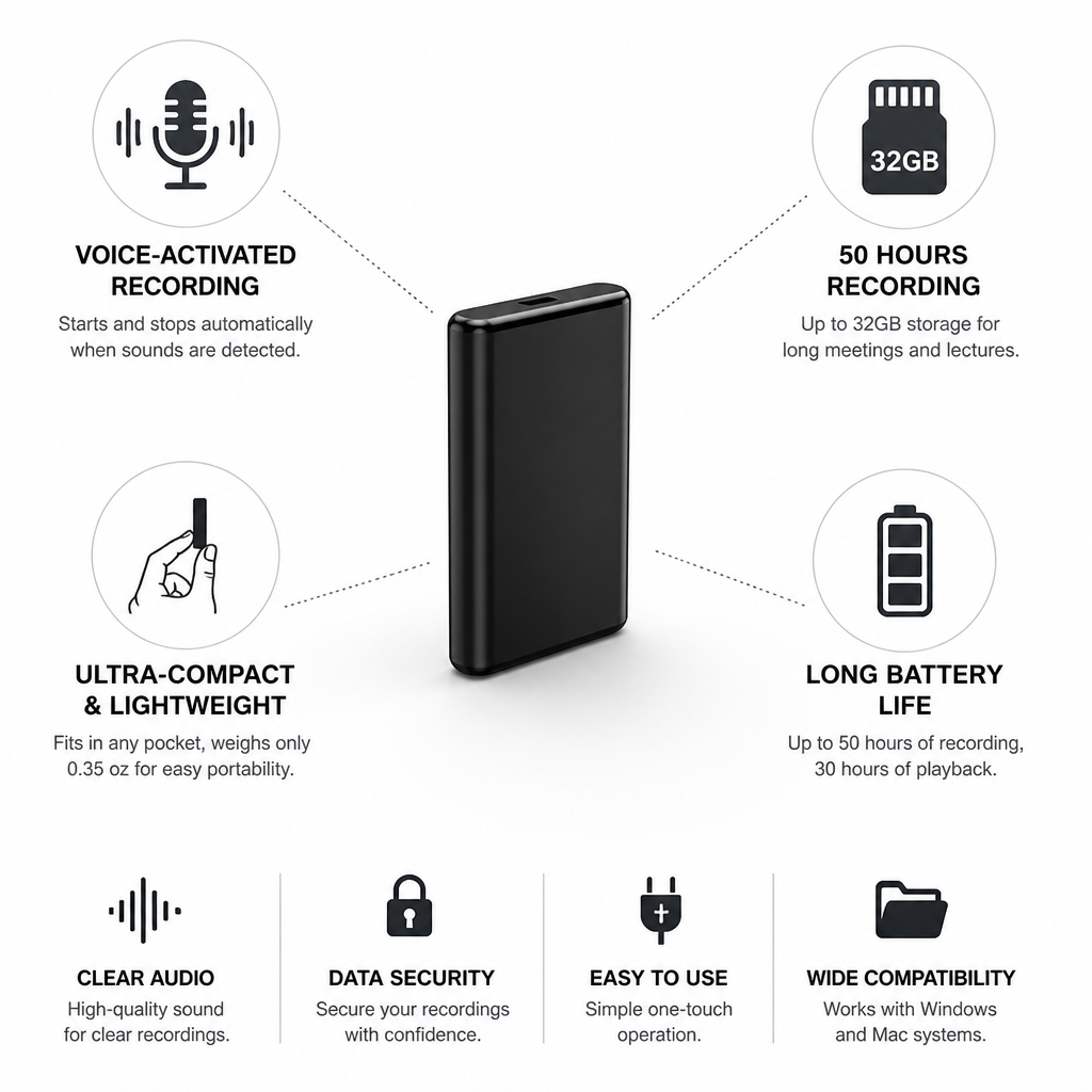 Voice-Activated Ultra-Compact Voice Recorder (50-Hour Recording)