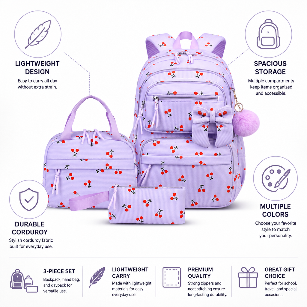 Lightweight Corduroy Backpack Set (3-Piece)